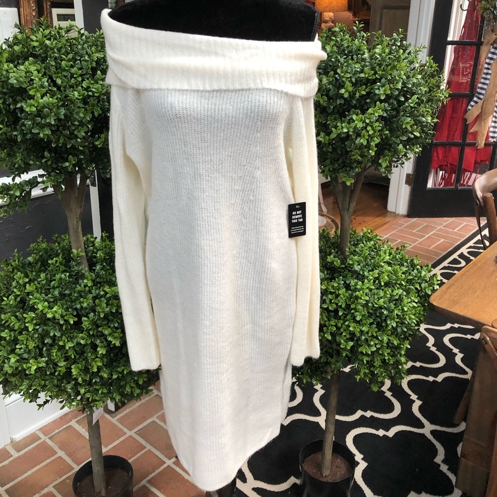 Cream sweater dress off shoulder long sleeve